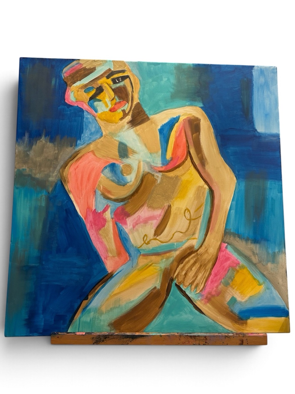 Contemporary Abstract Nude Painting in Blue, Pink & Gold Tones
